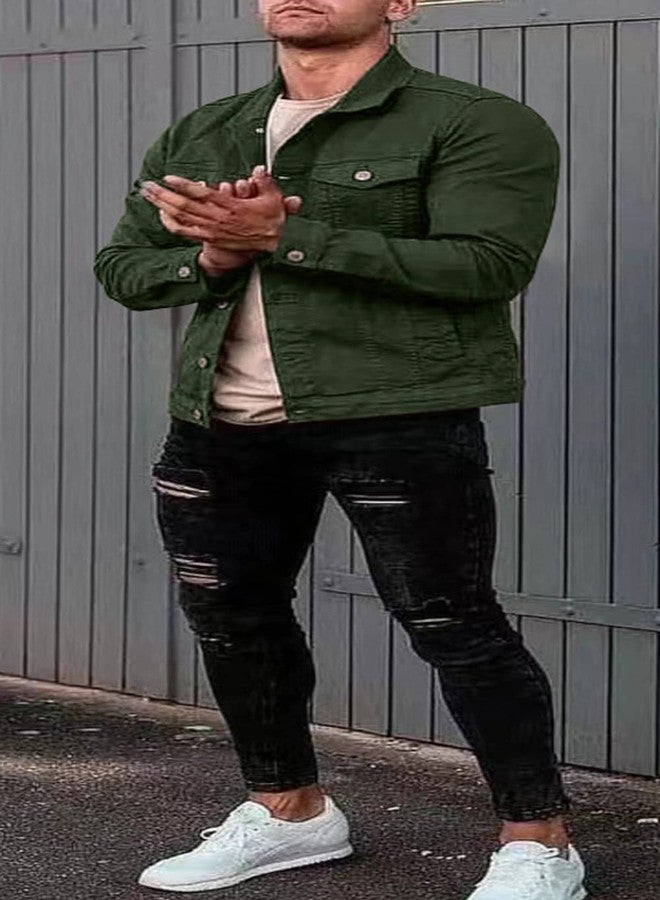CHARTOU Men's Denim Jacket Casual Regular Fit Button Down Long Sleeve Jean Trucker Jacket (X-Large, Army Green) - Image 4